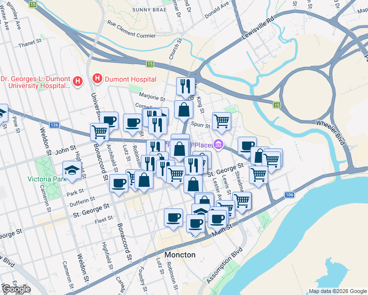 map of restaurants, bars, coffee shops, grocery stores, and more near in Moncton