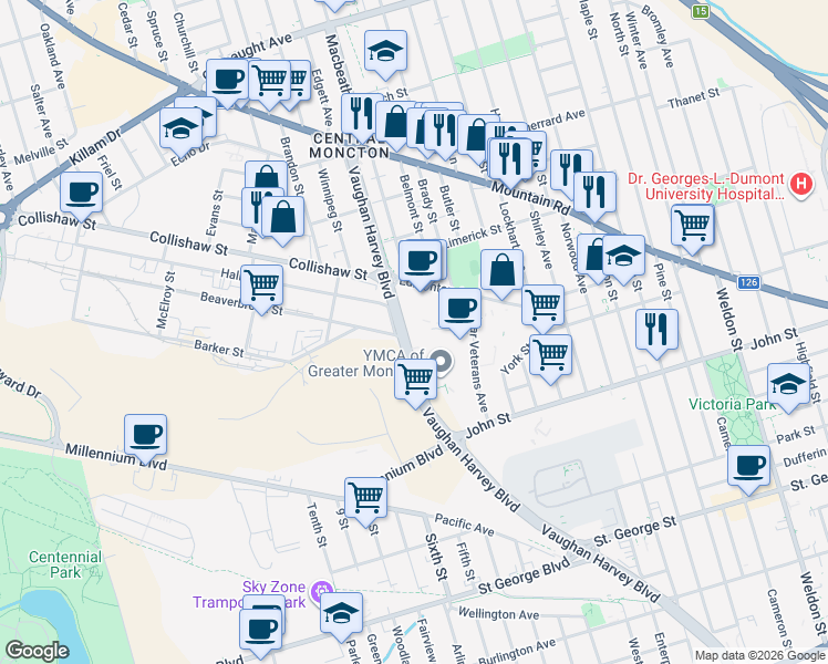 map of restaurants, bars, coffee shops, grocery stores, and more near 40 Flanders Court in Moncton