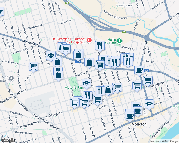 map of restaurants, bars, coffee shops, grocery stores, and more near 25 John Street in Moncton