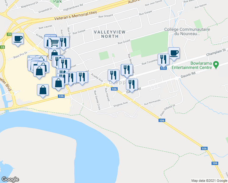 map of restaurants, bars, coffee shops, grocery stores, and more near in Dieppe