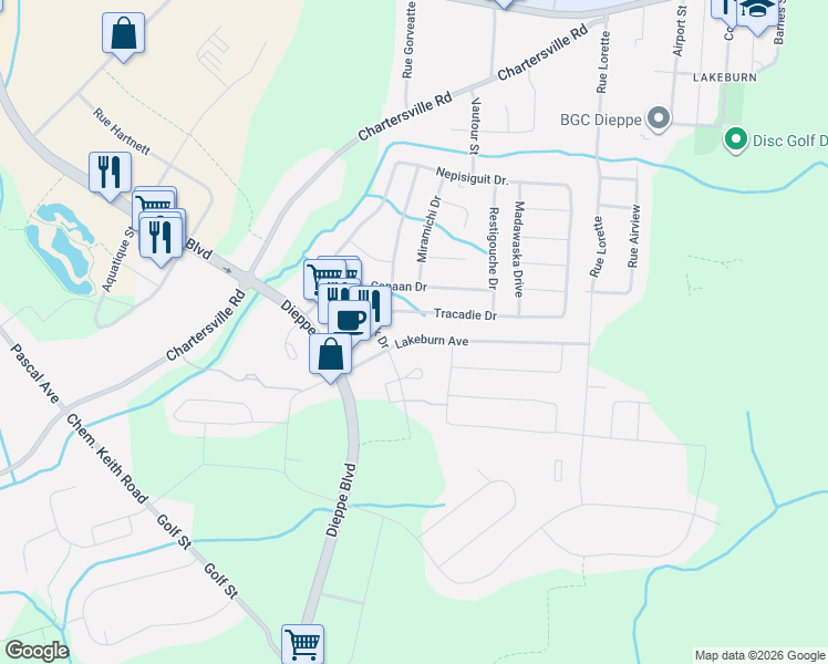 map of restaurants, bars, coffee shops, grocery stores, and more near 35 Tracadie Drive in Dieppe