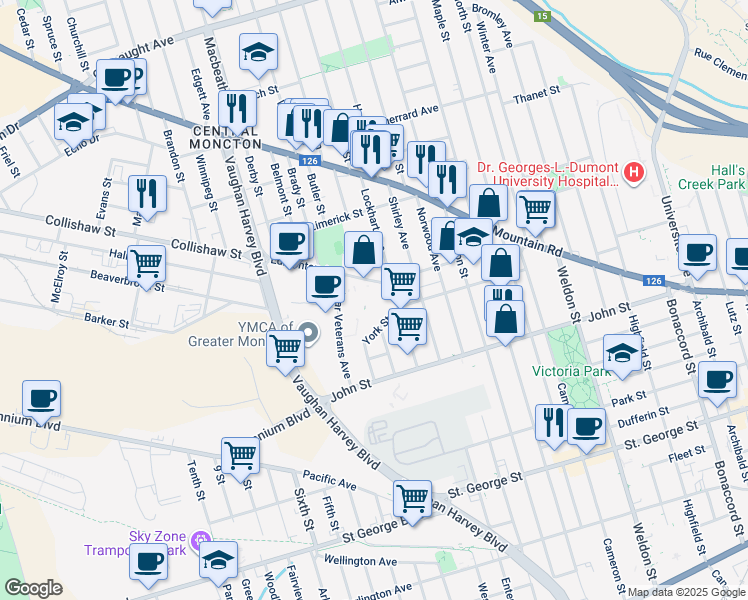 map of restaurants, bars, coffee shops, grocery stores, and more near 68 Edmonton Avenue in Moncton