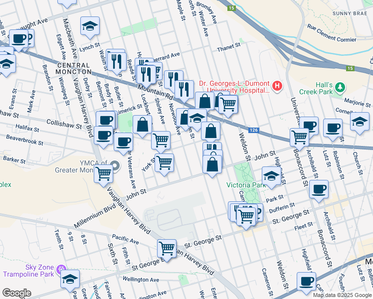 map of restaurants, bars, coffee shops, grocery stores, and more near 57 Norwood Avenue in Moncton