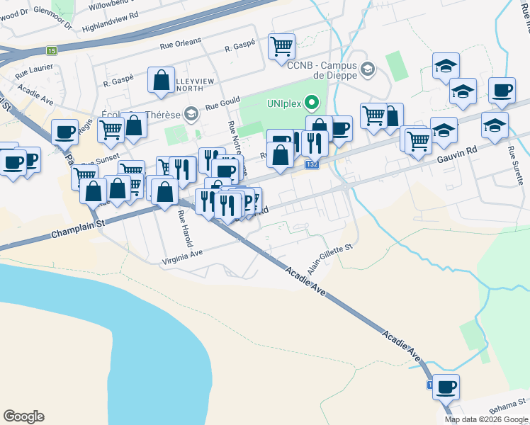 map of restaurants, bars, coffee shops, grocery stores, and more near 256 Gauvin Road in Dieppe