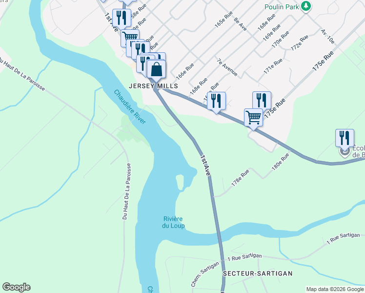 map of restaurants, bars, coffee shops, grocery stores, and more near 17090 1re Avenue in Saint-Georges