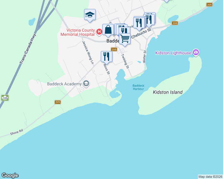 map of restaurants, bars, coffee shops, grocery stores, and more near 54 Ross Street in Baddeck