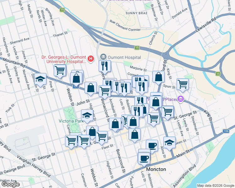map of restaurants, bars, coffee shops, grocery stores, and more near 203 Mountain Road in Moncton