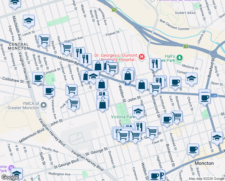 map of restaurants, bars, coffee shops, grocery stores, and more near 331 Cameron Street in Moncton