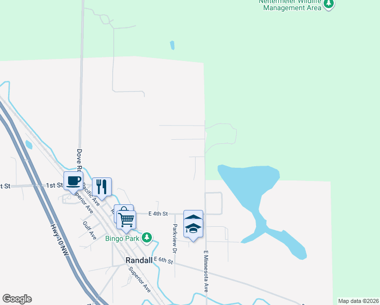 map of restaurants, bars, coffee shops, grocery stores, and more near 108 Brummer Drive in Randall