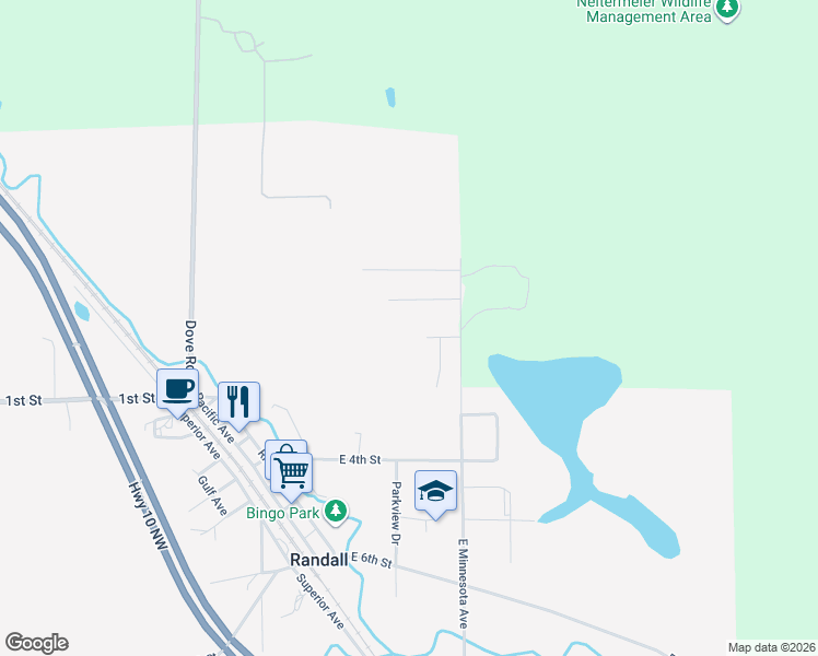 map of restaurants, bars, coffee shops, grocery stores, and more near 108 Brummer Drive in Randall