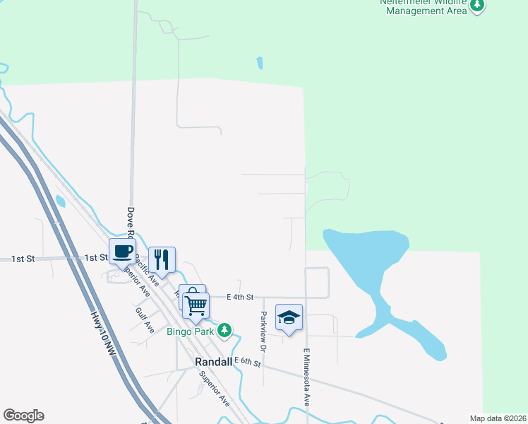 map of restaurants, bars, coffee shops, grocery stores, and more near 108 Brummer Drive in Randall