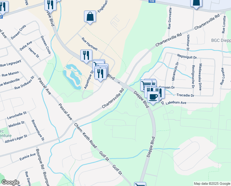 map of restaurants, bars, coffee shops, grocery stores, and more near 733 Chartersville Road in Dieppe
