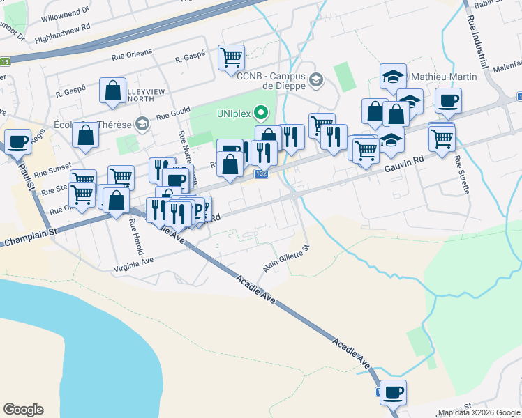 map of restaurants, bars, coffee shops, grocery stores, and more near 350 Gauvin Road in Dieppe