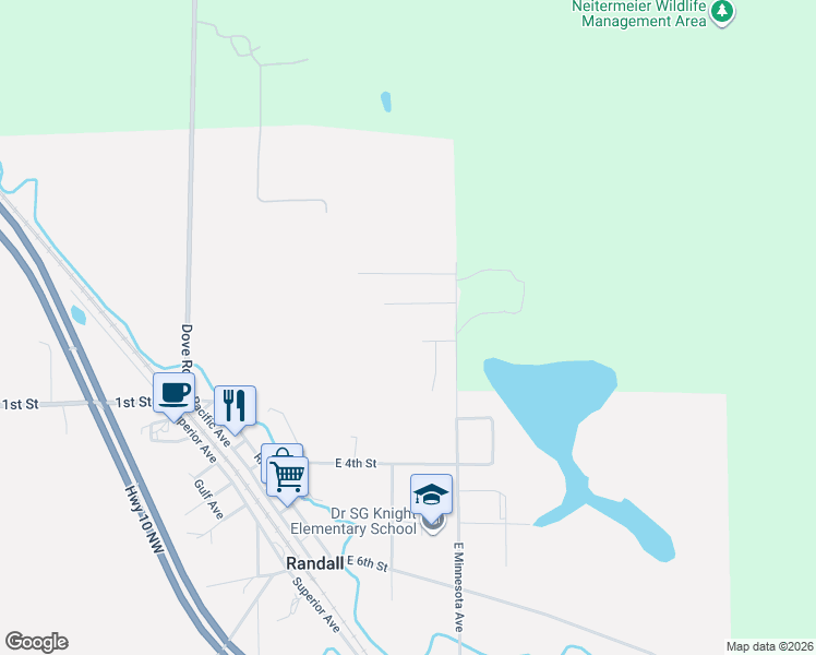 map of restaurants, bars, coffee shops, grocery stores, and more near 108 Brummer Drive in Randall