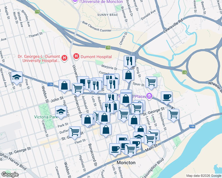map of restaurants, bars, coffee shops, grocery stores, and more near Church Street in Moncton