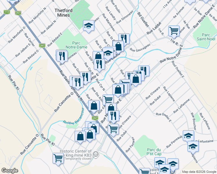 map of restaurants, bars, coffee shops, grocery stores, and more near 136 Rue Labonté in Thetford Mines