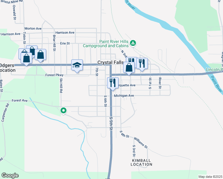 map of restaurants, bars, coffee shops, grocery stores, and more near 199 S 5th St in Crystal Falls
