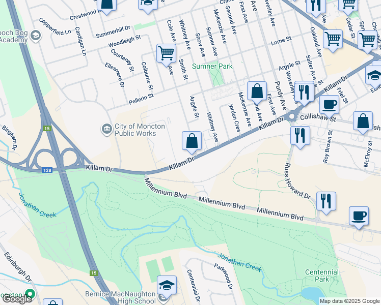 map of restaurants, bars, coffee shops, grocery stores, and more near 325 Killam Drive in Moncton