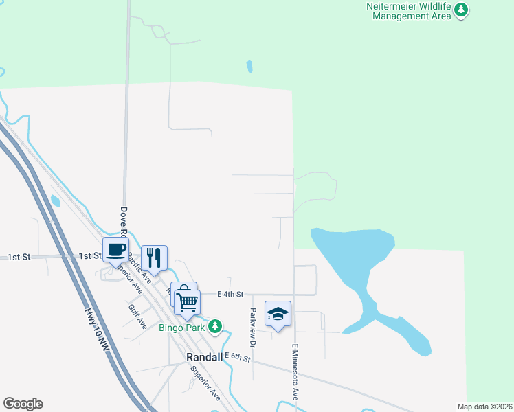 map of restaurants, bars, coffee shops, grocery stores, and more near 108 Brummer Drive in Randall