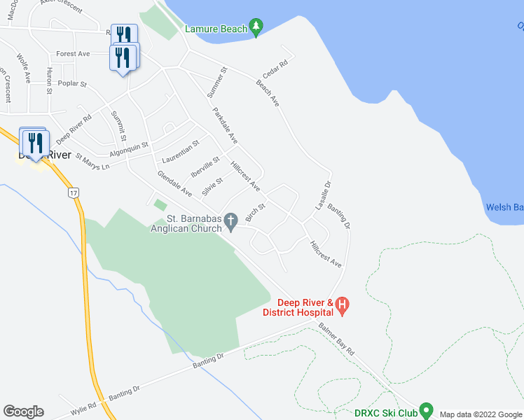 map of restaurants, bars, coffee shops, grocery stores, and more near 98 Birch Street in Deep River
