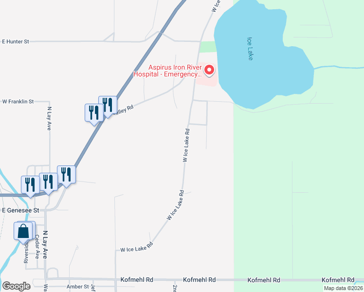 map of restaurants, bars, coffee shops, grocery stores, and more near 498-998 West Ice Lake Road in Iron River
