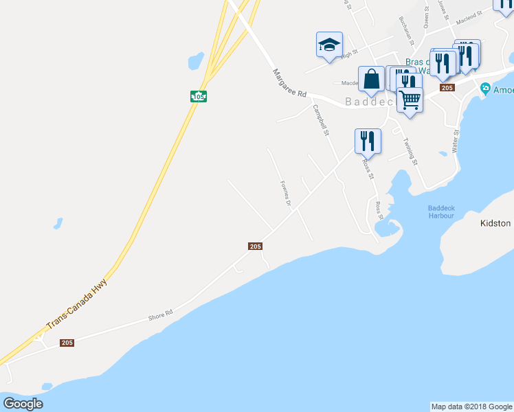 map of restaurants, bars, coffee shops, grocery stores, and more near 257 Shore Road in Baddeck