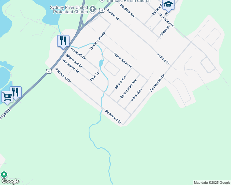 map of restaurants, bars, coffee shops, grocery stores, and more near 56 Maple Avenue in Sydney