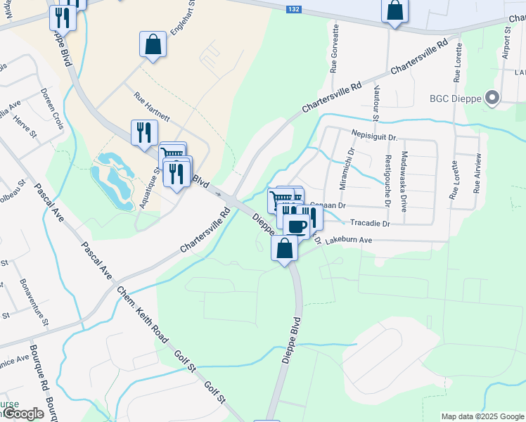 map of restaurants, bars, coffee shops, grocery stores, and more near 155 Canaan Drive in Dieppe