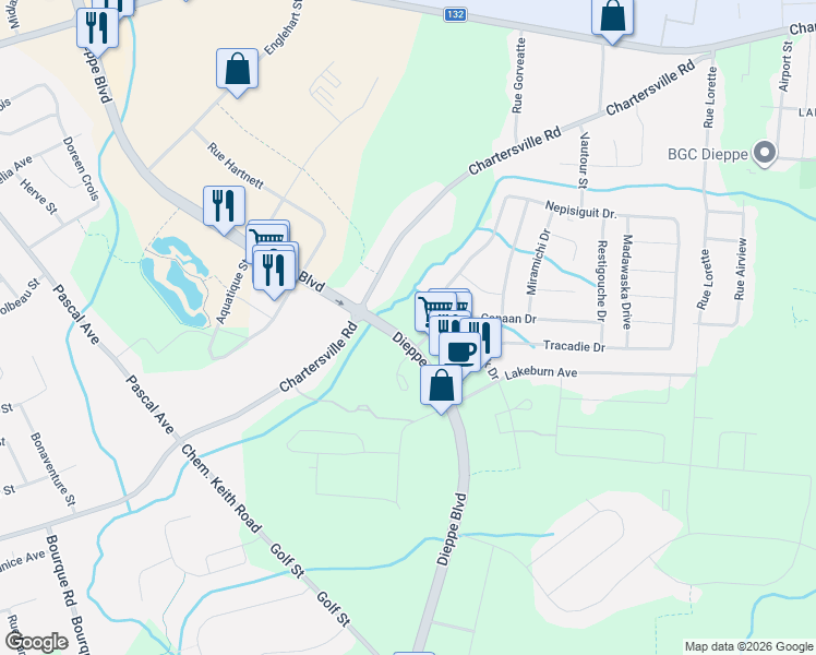 map of restaurants, bars, coffee shops, grocery stores, and more near 155 Canaan Drive in Dieppe