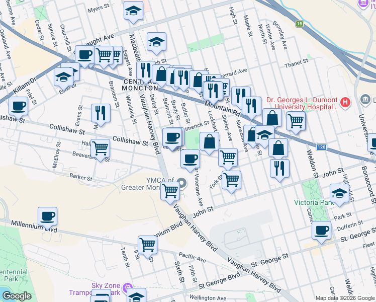 map of restaurants, bars, coffee shops, grocery stores, and more near Edmonton Avenue in Moncton