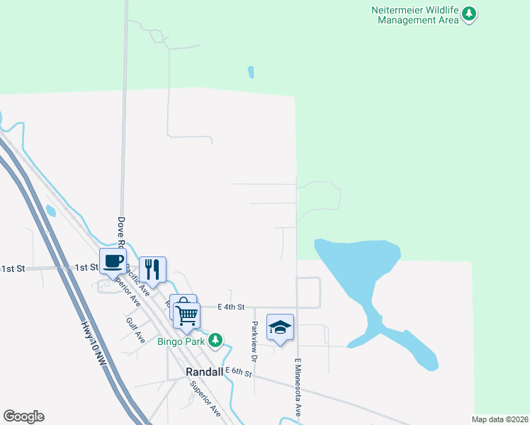 map of restaurants, bars, coffee shops, grocery stores, and more near 108 Brummer Drive in Randall