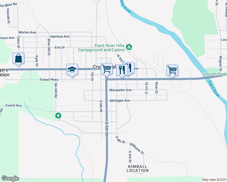 map of restaurants, bars, coffee shops, grocery stores, and more near 101-199 South 5th Street in Crystal Falls