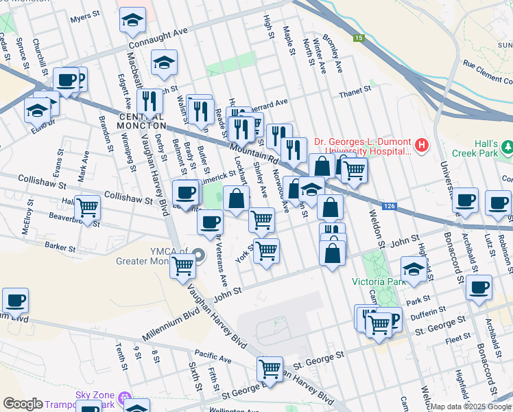 map of restaurants, bars, coffee shops, grocery stores, and more near 85 Lockhart Avenue in Moncton
