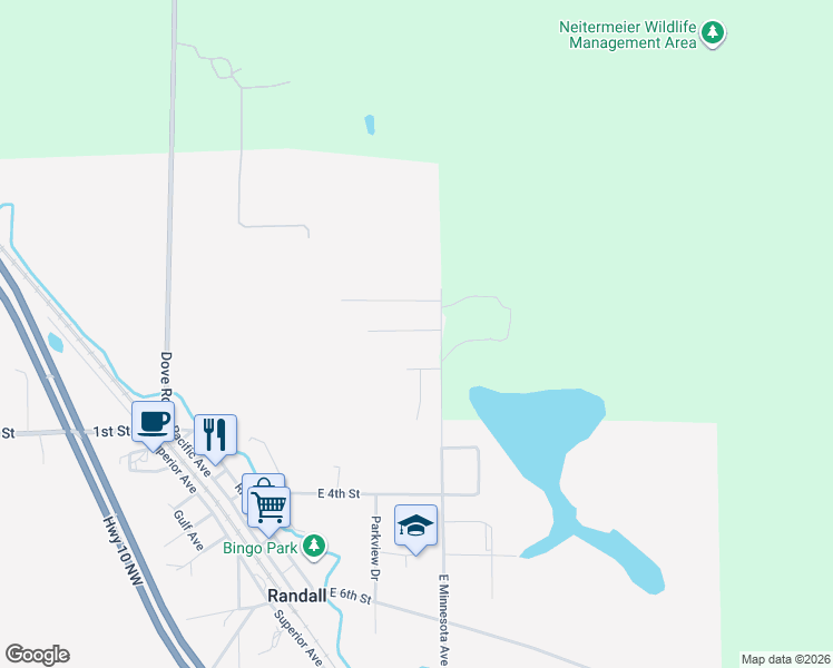 map of restaurants, bars, coffee shops, grocery stores, and more near 112 Pine View Drive in Randall