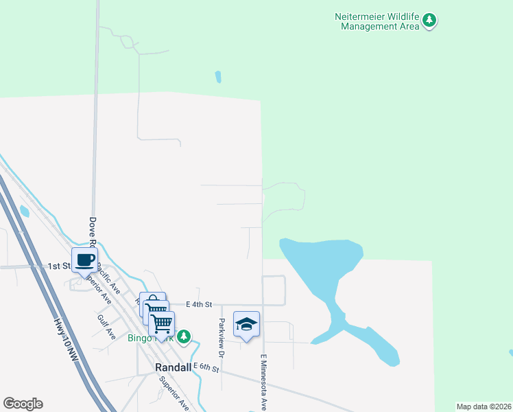 map of restaurants, bars, coffee shops, grocery stores, and more near 105 East Minnesota Avenue in Randall