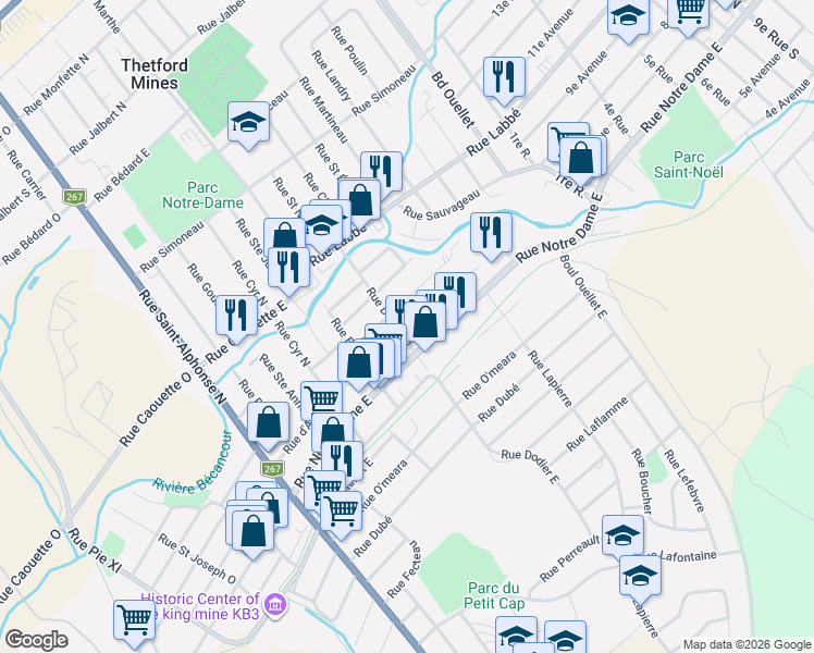 map of restaurants, bars, coffee shops, grocery stores, and more near 343 Rue Lafond in Thetford Mines