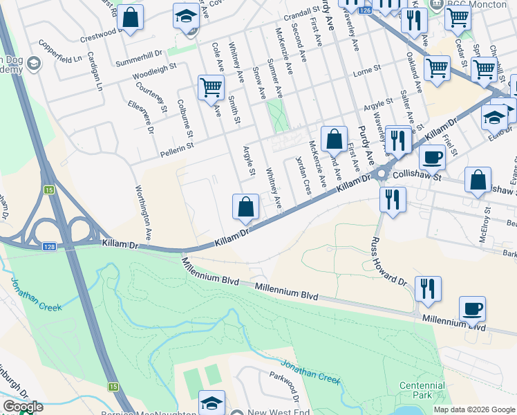 map of restaurants, bars, coffee shops, grocery stores, and more near 22 Cole Avenue South in Moncton