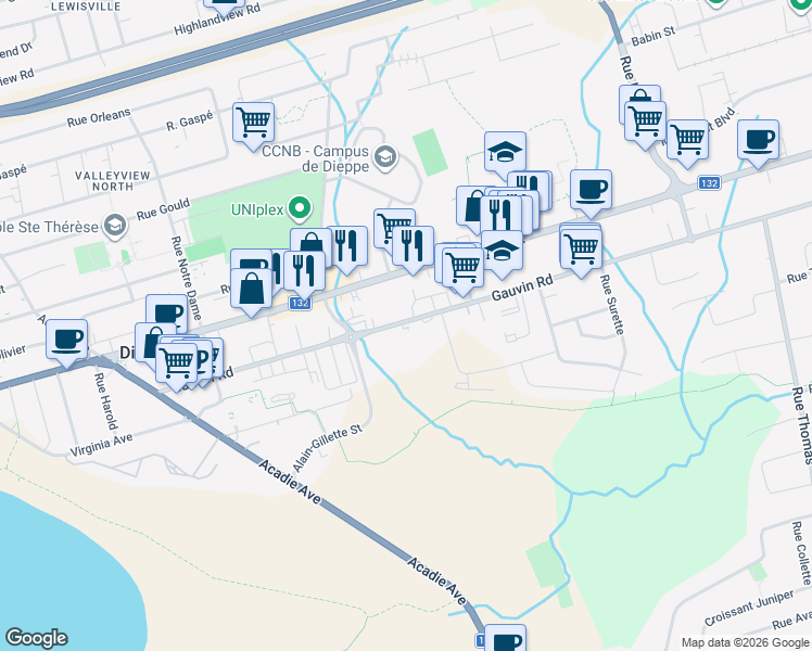 map of restaurants, bars, coffee shops, grocery stores, and more near 406 Gauvin Road in Dieppe