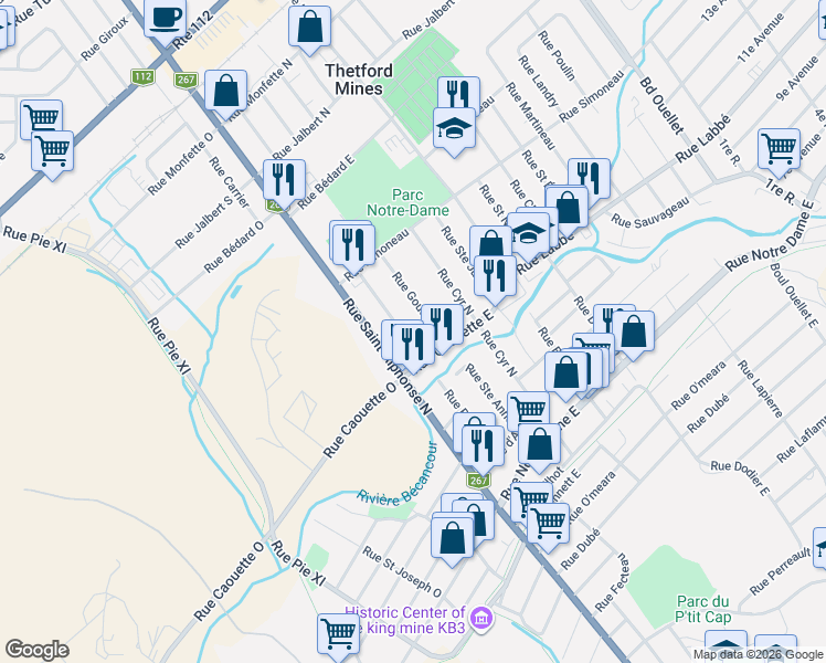 map of restaurants, bars, coffee shops, grocery stores, and more near 325 Rue Roberge in Thetford Mines