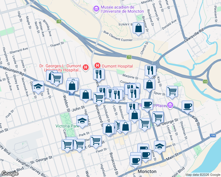 map of restaurants, bars, coffee shops, grocery stores, and more near 439 Lutz Street in Moncton