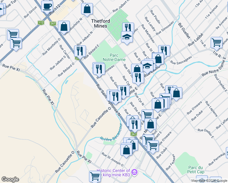 map of restaurants, bars, coffee shops, grocery stores, and more near 345 Rue Roberge in Thetford Mines