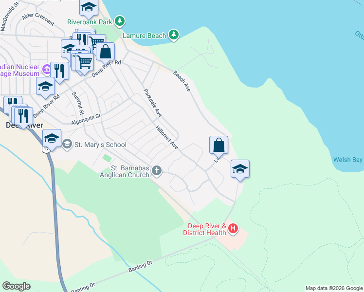 map of restaurants, bars, coffee shops, grocery stores, and more near 3 Newton Crescent in Deep River