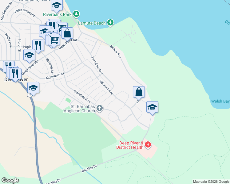 map of restaurants, bars, coffee shops, grocery stores, and more near 5 Newton Crescent in Deep River
