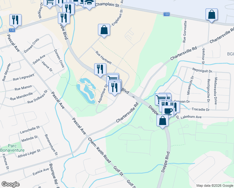 map of restaurants, bars, coffee shops, grocery stores, and more near 3117 Principale-Ouest Avenue in Dieppe