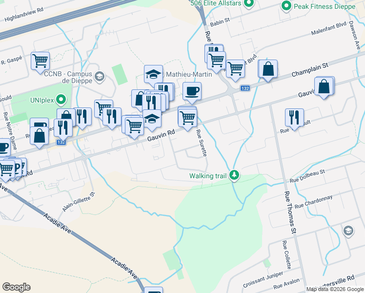 map of restaurants, bars, coffee shops, grocery stores, and more near in Dieppe