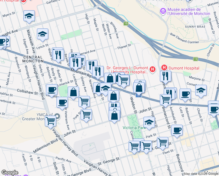 map of restaurants, bars, coffee shops, grocery stores, and more near 370 High Street in Moncton