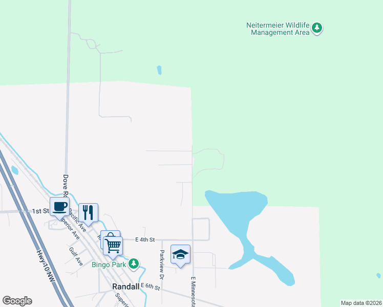 map of restaurants, bars, coffee shops, grocery stores, and more near 105 East Minnesota Avenue in Randall