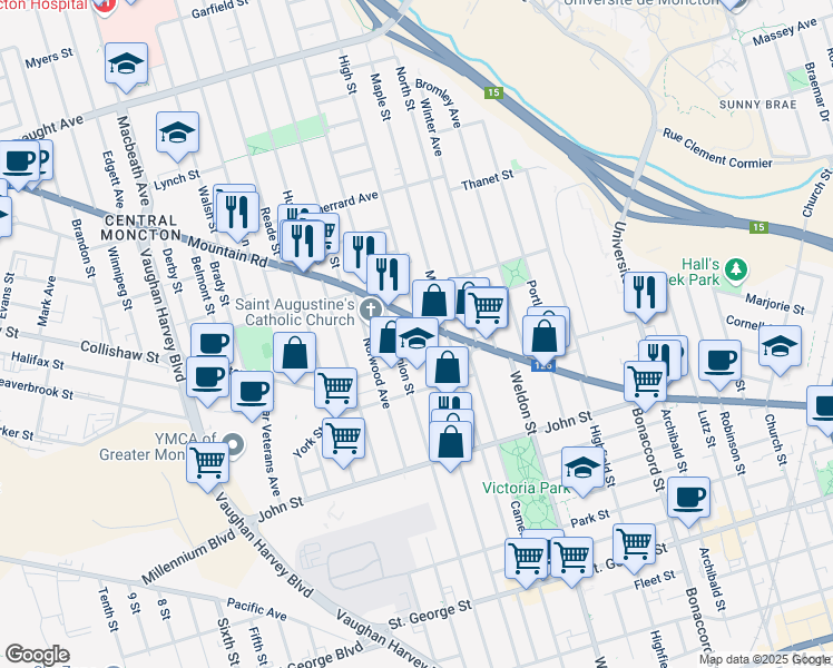 map of restaurants, bars, coffee shops, grocery stores, and more near 370 High Street in Moncton