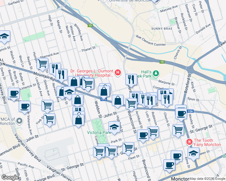 map of restaurants, bars, coffee shops, grocery stores, and more near 301 Highfield Street in Moncton