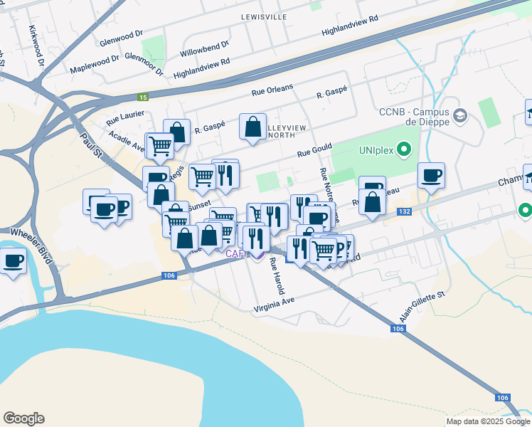 map of restaurants, bars, coffee shops, grocery stores, and more near 168 Rue Sainte Therese in Dieppe